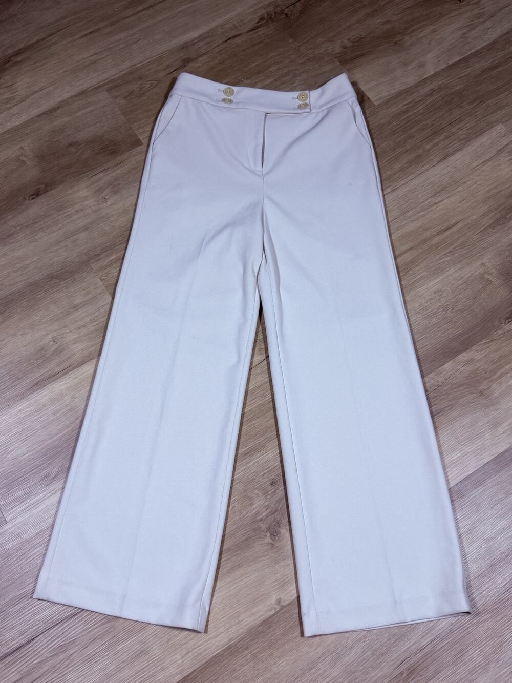 Calvin Klein Wide Leg Dress Pants Womens 10P Petite Beige Gold Button, 32x29